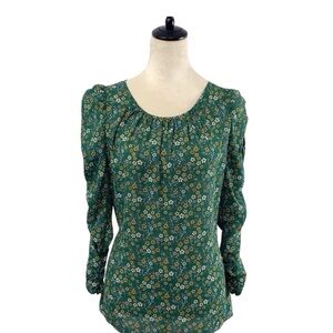 Max Studio | Ditsy Floral Gathered Sleeve Blouse | green floral | L